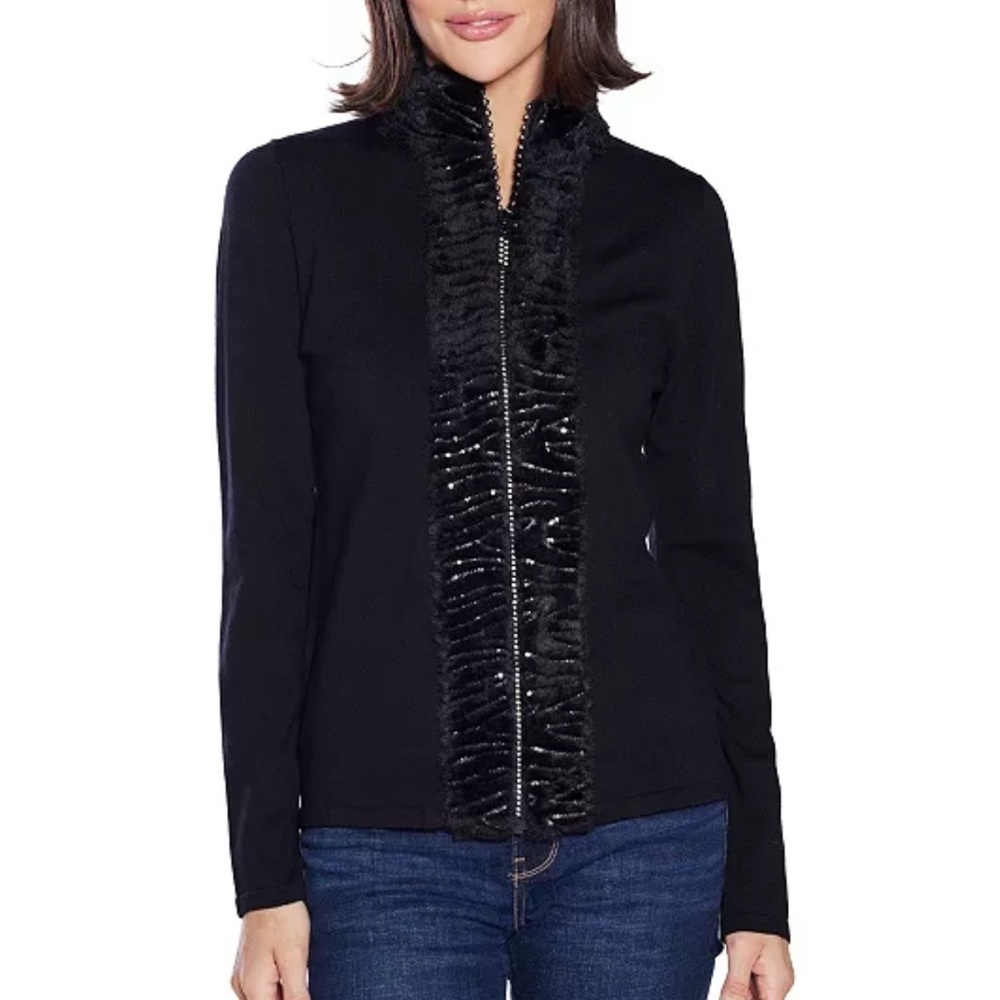 Belldini
Black Label Women’s Faux Fur Trim Rhinestone-Zip Cardigan Sweater